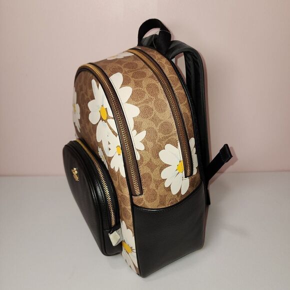 NWT Coach CZ599 Court Tan Floral Print Signature Coated Canvas Leather Backpack - Picture 2 of 5